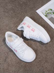 1 par de zapatillas de deporte blancas con , versátiles para niños y niñas, cómodas y transpirables, con decoración bordada de diseños de dibujos animados, zapatos escolares casuales