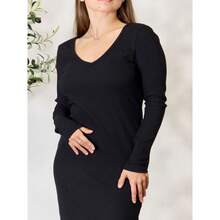Local Shipping-Long Sleeve Midi Slit Dress,Full Size Ribbed - Black - View 5