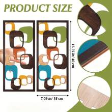Zwei Stücke mittelalterliche moderne Holzwandkunst - geometrische abstrakte Paneele in Cyan, Orange, Blau und Braun, geeignet für Wohnzimmerdekoration, elegante Innenraum-Wandverzierung, perfekt für Zuhause oder Büro, Innenraum-Verzierung | Wandkunst-Präsentation | strukturierte Holzfurnier