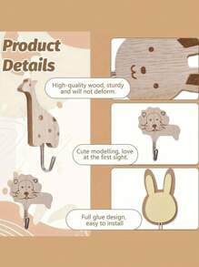 3/5pcs Cartoon Animal Wooden Decorative Wall Hook Set, DIY Home Storage & Organization Hooks For Bedroom, Bathroom, Dorm, Random Color
