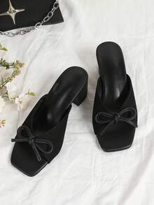 帆布黑色方头高跟凉鞋，蝴蝶结细节，露趾穆勒鞋，时尚女鞋 - 黑色 - 查看 2