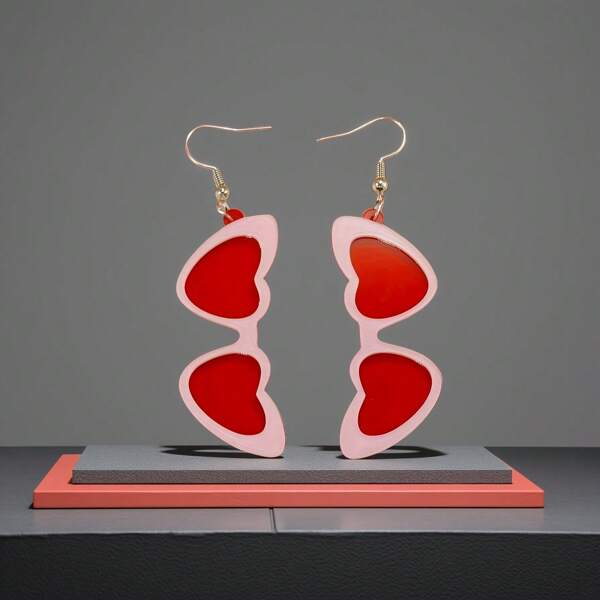 1pair Creative Acrylic Simple Pink Glitter Heart-Shaped Sunglasses Earrings For Women