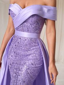 Elisanya Elegant Women Formal Evening Dress Ball Gown Night Dress Sequin Mesh Long Sleeve V Neck Floor Length Draped Prom Party Dress Wedding Guest Banquet Graduation Dinner Ceremony Celebration Ceremonial Dress - Mauve Purple - View 7