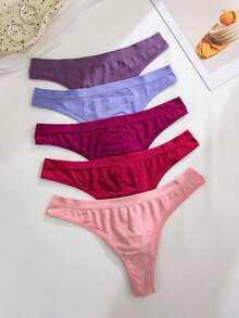 Set de 5 piezas de tanga sin costuras de cintura baja de color liso para mujer - Multicolor - Ver 2