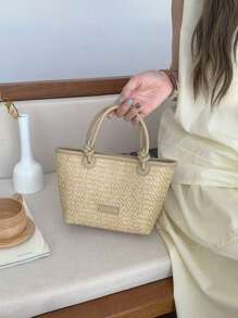 Bolso de paja mini para playa y vacaciones, bolso de hombro y de cesta tejida con nudo, bolso de compras de vacaciones elegante para damas y niñas