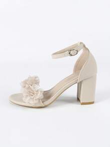 Women's Apricot Floral Decor Metal Buckle Thin Strap Square Toe Chunky Heel Sandals, Sweet & Fresh Style For Summer Casual & Holiday Wear