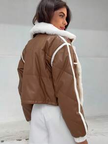 Quilted Leather Jacket With Removable Fur Collar - Winter 2025 - 棕色 - 查看 3