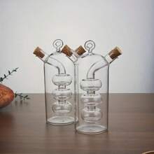 1pc Double Nozzle Glass Olive Oil And Vinegar Dispenser Oil Bottle, Cork 2 In 1 Clear Double Glass Kitchen Cooking Container, Suitable For Kitchen, Dining Room,School Supplies