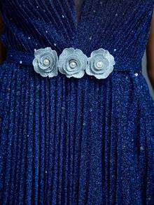 Elegant Women's Blue Sequin Maxi Dress With Spaghetti Straps And Pleated Hem Backless Lace Up Design