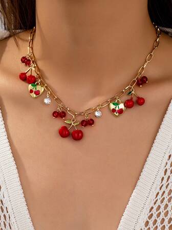 1 件夏季时尚樱桃吊坠项链，女士夏季樱桃吊坠项链首饰适合日常装扮、度假、约会