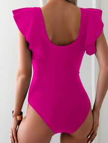 Women's Flutter Sleeve One Piece Swimsuit With Crisscross Mesh Panel Detail And Deep V-Neckline - 玫瑰紅 - 查看 2