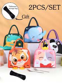 2pcs/Set Printed With Cute 3D Cartoon Pattern Lunch Tote Bags And Tableware Storage Box, With A Black Cutlery Storage Bag, Large Capacity Reusable Insulated Lunch Box, Multifunctional Waterproof Leak-Proof Adult Lunch Tote Cooler Bag With Zipper, Students Meals Insulated Cooler Bag,Large Capacity Portable Travel Picnic Bag - Multicolor - View 12