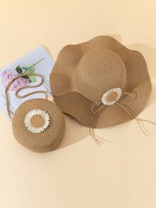 2pcs/1pc Women Khaki Wavy Sunflower Beach Sun Hat & Straw Crossbody Bag & Coin Purse Set, Suitable For Daily, Vacation, Travel - Multicolor - View 2