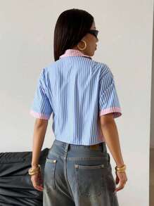 Women Patchwork Color Stripe Loose Casual Short Sleeve Shirt Blouse