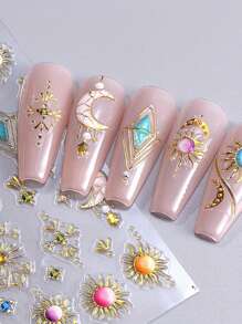 2 Pieces Of Bohemian Star Moon Sun Relief Nail Art Stickers - Yellow, Red, Blue, And Purple Stars, Moon, Sun, And Pearl Art Designs, 5D Relief Craftsmanship, Disposable Self Adhesive Back Adhesive Nail Stickers Suitable For Women, Bohemian Star Moon Theme Style, Easy To Stick Nail Decoration Stickers