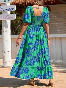 Women's Dress, Puffed-Sleeve Floral Casual Summer Dress, Pleated Back, Beach Flowing, Layered Long Sundress - Nền xanh lá cây với hoa màu xanh - Xem 2