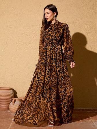Brown Chiffon Stand Collar Long Sleeve Maxi Woven Dress