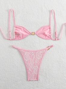 Set di bikini da donna con top a fascia regolabile in tessuto di pizzo, dettagli con fiocco sulla schiena e decorazione in perle