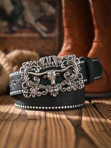 1 件男女通用波西米亚西部风格金属扣复古深棕色 PU 皮带，适合休闲和个性化搭配（含打孔器）