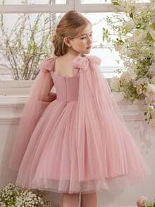 Robe de fête avec nœud pour jeune fille, robe de princesse élégante avec tulle en maille, convient pour les anniversaires de filles, les cadeaux, les bals, les occasions festives, les mariages, les robes de demoiselle d'honneur, les tenues de fête de vacances, la robe de Thanksgiving - Rose bonbon - Voir 2