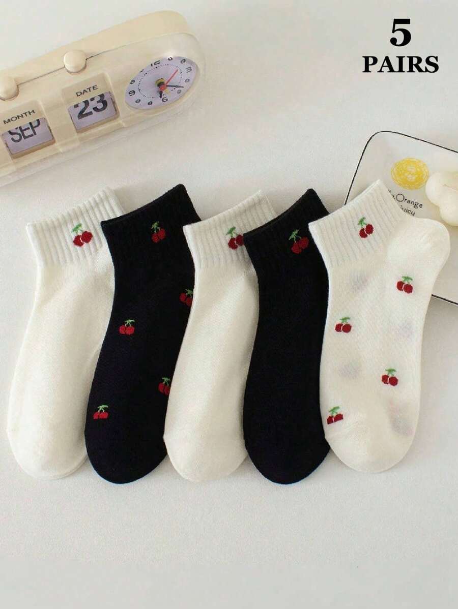 2 Paar Damen Socken mit süßem Kirschenmuster, geeignet für den täglichen Gebrauch