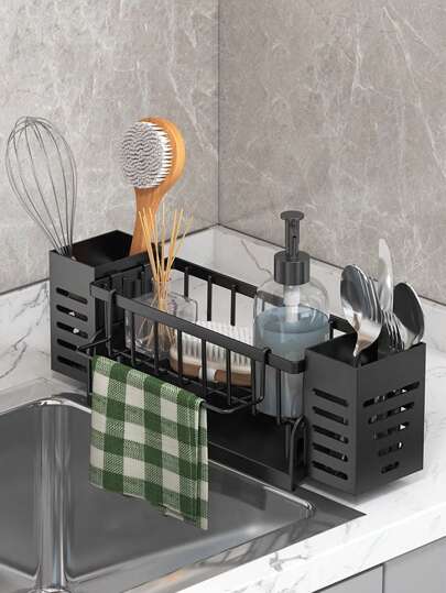 1pc Multi-Functional Kitchen Sink Caddy - Grey/Black, Sponge Holder, Scrubbing Brush Rack, Storage Organizer
