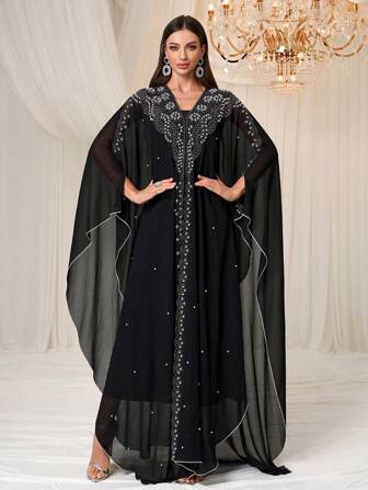 YISIKADO 女士端庄长袍串珠雪纺舞会礼服连帽星星图案女士连衣裙阿拉伯风格长裙节日土耳其风格卡夫坦阿拉伯连衣裙