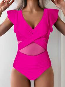 Women's Flutter Sleeve One Piece Swimsuit With Crisscross Mesh Panel Detail And Deep V-Neckline - 玫瑰紅 - 查看 3