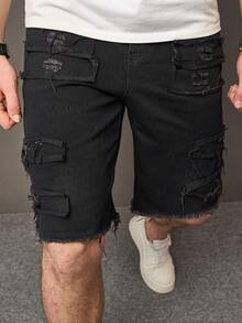 Men's Washed Blue Skinny Fit Stretch Cropped Jeans With Rips, Classic Blue Denim Casual Shorts For Men - Black - View 6