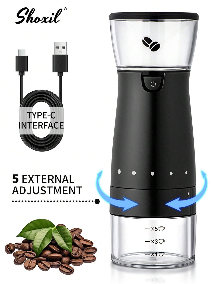 shoxil 1pc Electric Coffee Grinder, Portable USB Rechargeable Coffee Grinder, Large Capacity 60g Ceramic Burr Espresso Grinder, External Adjustment Coffee Bean Mill With 5 Precise Grind Settings, For Home, Office, Travel