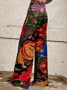 时尚创意复古花卉香蕉和草莓印花阔腿休闲裤，适合度假、休闲、商务、派对和旅行