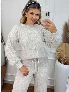 WOMEN'S WINTER MOUSSE KNITTING SET WITH PANTS AND BRAIDED BLOUSE - 自然的 - 查看 5