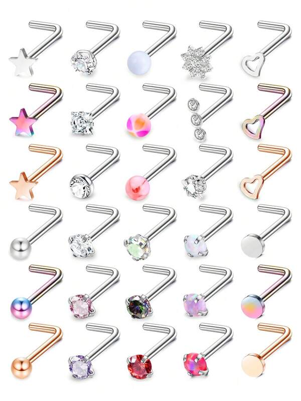 Milacolato 30Pcs Nose Rings Studs For Women Men 316L Stainless Steel Nose Piercings Jewelry 18G 20G Straight L Shaped Corkscrew Nose Rings Cubic Zirconia Opal Nose Studs Hypoallergenic