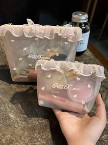 1pc Portable Women's Makeup Bag With Heart Embroidery & Mesh Fabric (Accessories Not Included), Mini Travel Cosmetic Case, Makeup Brush Holder, Cosmetic Storage Box, Travel Essential, Women's Accessory, Travel Supplies. Makeup Bag, Cosmetic Bag, Cosmetic Storage Box, Travel, Cosmetic Pouch, Bag, Vanity, Cosmetic Pouch, Travel Essential, Makeup Bag - Pink - View 4