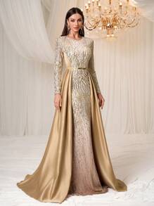 YISIKADO Women's Formal Party Gown, Elegant Luxury Sequin & Satin Long Sleeve Caped Dress