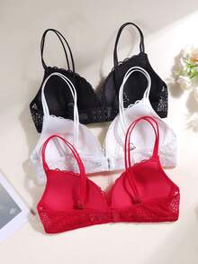 3pcs/Set Teenage Girls' Lace Bras With Adjustable Straps, Breathable & Comfortable, Suitable For 13-16 Years Old