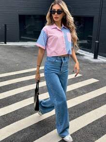 Women Patchwork Color Stripe Loose Casual Short Sleeve Shirt Blouse