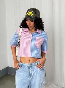 Women Patchwork Color Stripe Loose Casual Short Sleeve Shirt Blouse