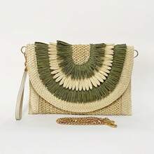 Women Summer Wristlet Purse Floral Woven Handbag Straw Beach Bag Clutch Purse With Metal Chain