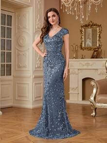 hezixi Elegant Sequin Sexy Evening Dress For Women Long Mermaid Formal Prom Luxury Wedding Party Cocktail Gowns Women's Dresses - 霧霾藍 - 查看 3