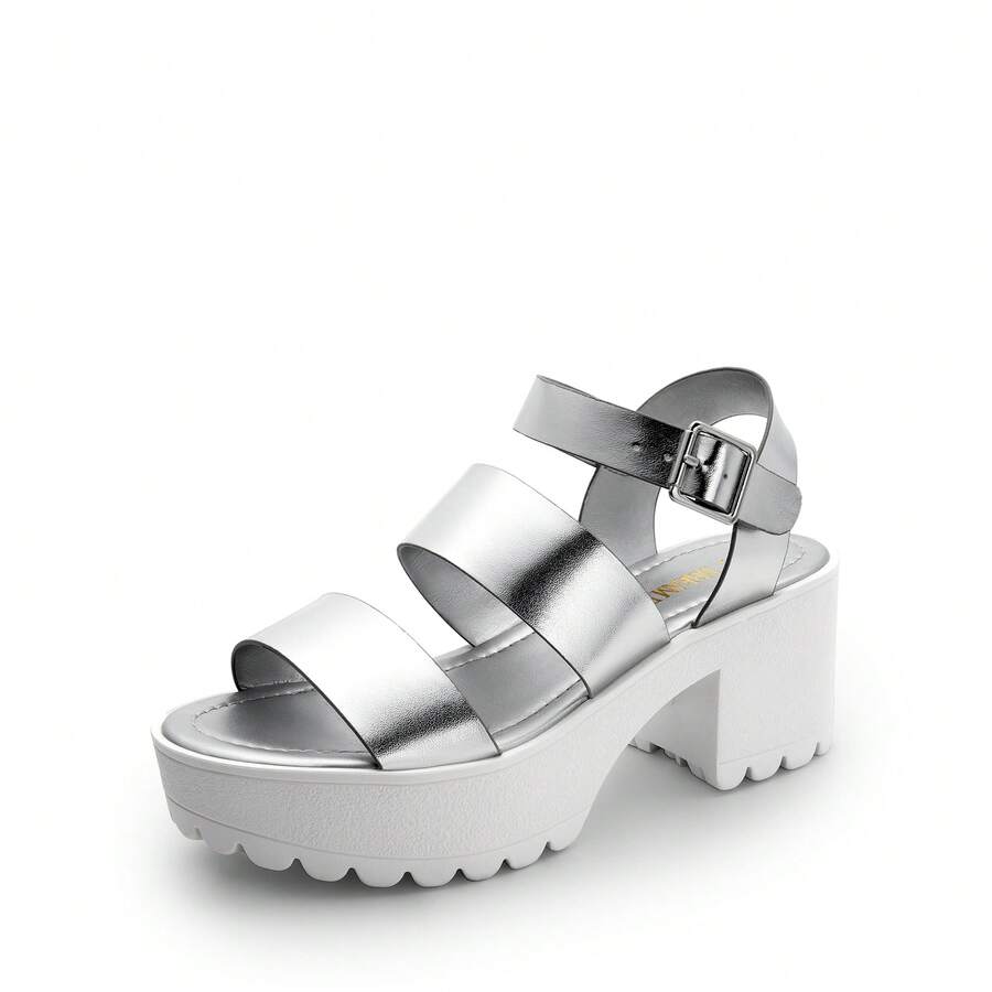 Women Minimalist Platform Slingback Sandals, Open Toe Punky Chunky Summer Sandals For Beach, Vacation - Bạc - Xem 1