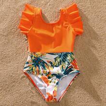 PP Family Matching Orange And All Over Tropical Plant Print Splicing Ruffle One-Piece Swimsuit And Swim Trunks Shorts - Orange - View 3