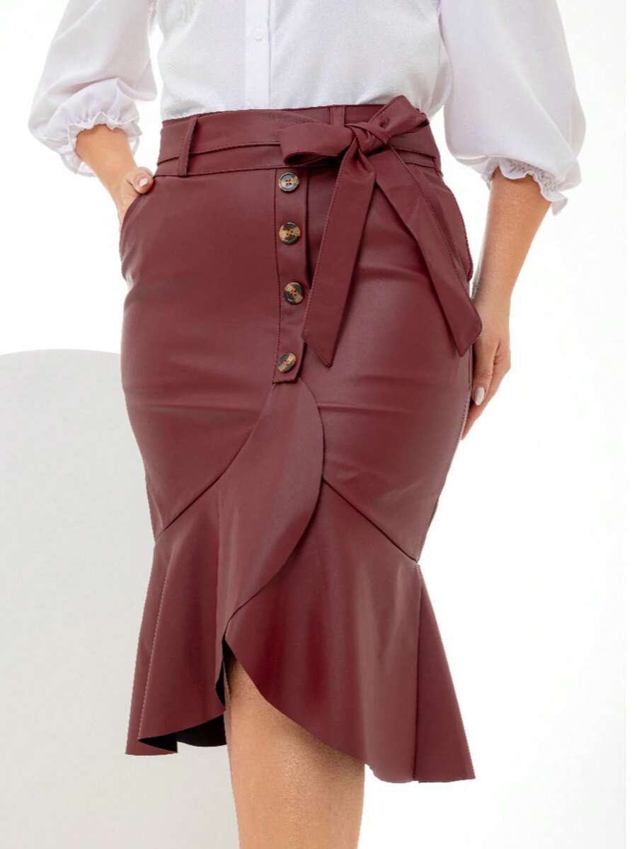 Women's Leather Midi Skirt With High Waist And Ruffles And Bow - 酒紅色 - 查看 1