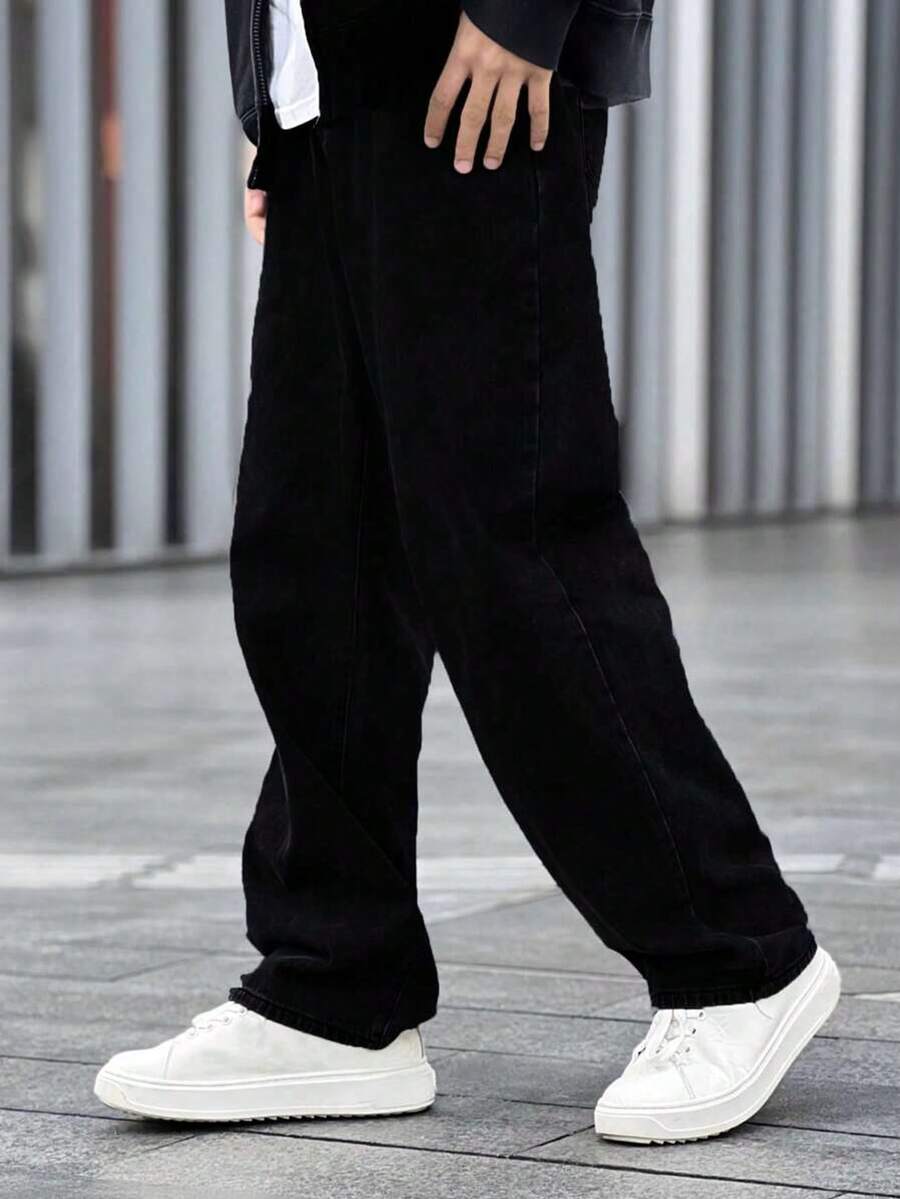 欧美青少年男孩黑色休闲时尚牛仔裤 - 黑色 - 查看 1