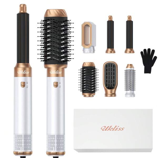 UKLISS Secador de pelo y moldeador de aire caliente 6-en-1 - Cepillo iónico desmontable | Acabado voluminoso a prueba de calor, rizador y alisador | Regalo ideal para el verano, el Día del Padre y el Prime Day (blanco y dorado)