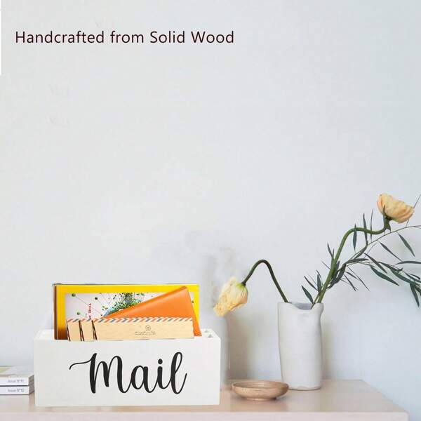 Rustic Wood Mail Organizer With Scripted "Mail" Design - Desk & Countertop Organizer, Key Holder, Magazine & Bill Storage - White Home Office, Dorm, Or Entryway Decor, Elegant Script Style, Sturdy Construction, Natural Texture Visible School Supplies,Back To School
