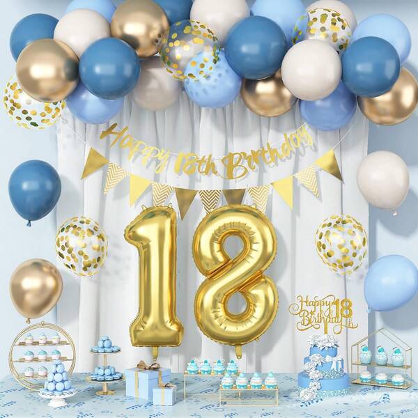 32 Inch Smog Blue Metallic Gold Latex Balloons, Foil Number Balloons 13, 16, 15, 18, 30, 40, 50 - Suitable For Birthday, Anniversary Decor, Party Supplies
