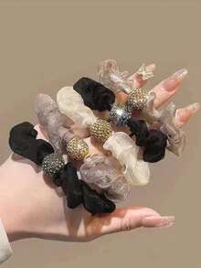 10pcs Rhinestone Mesh Hair Scrunchies, Vintage Elegant Hairbands, High Elasticity Side Braided Ponytail Holders For Women