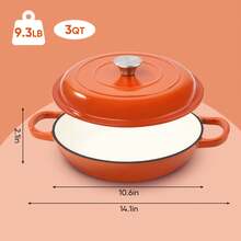 Kerilyn 3 Quart Enameled Shallow Cast Iron Dutch Oven With Lid, Dual Handles Dutch Pots For Cooking, Stewing, Heavy-Duty & Nonstick, Oven Safe Up To 500° F, Works On All Stovetops - Orange - View 6
