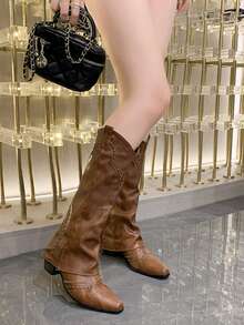 Women's Retro Rivet Brown Knee High Cowgirl Boots, French Style Versatile Western Rider Boots For Petite - Brown - View 1